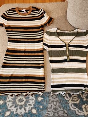 No Boundaries Striped Ribbed Two Dress Set in Black, Tan, Cream, And Olive